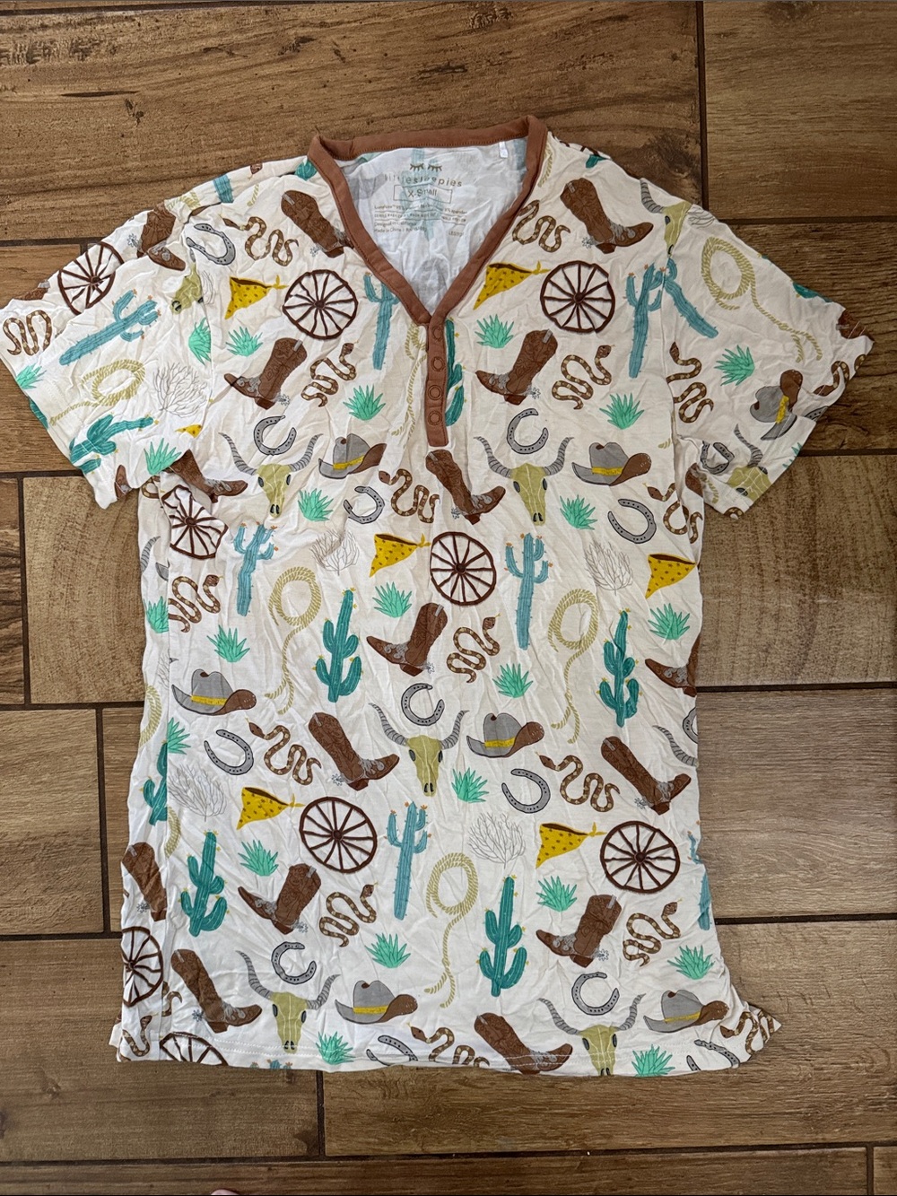 Little Sleepies White Western Print Short Sleeve Pajama Top with Brown Trim